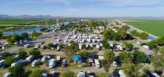 Aerial view of The Cove RV Resort on the Colorado River in Blythe, California