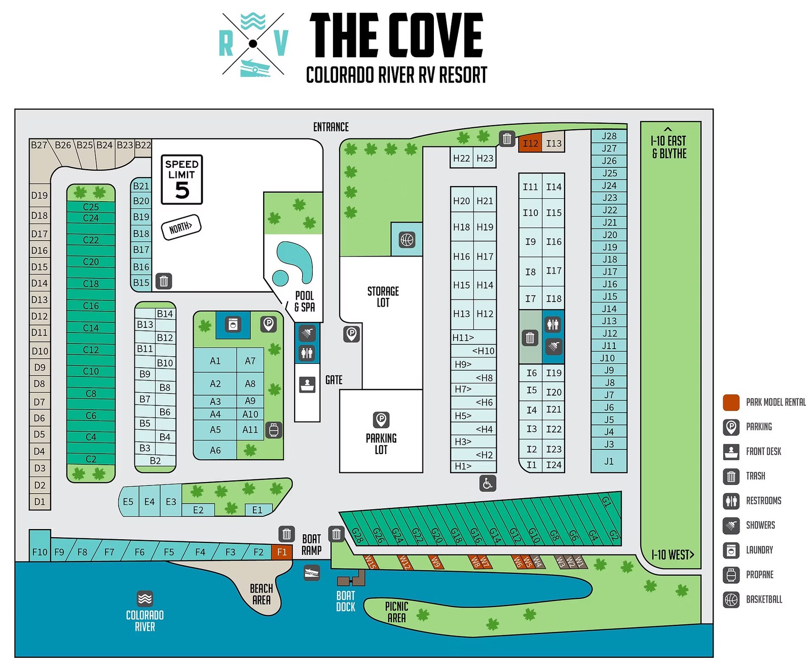 Map of The Cove RV Resort showing site numbers, the boat ramp, beach, pool and spa, and park facilities